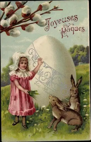 Litho Glückwunsch Ostern, Osterei, Osterhasen, Mädchen, Weidenkätzchen