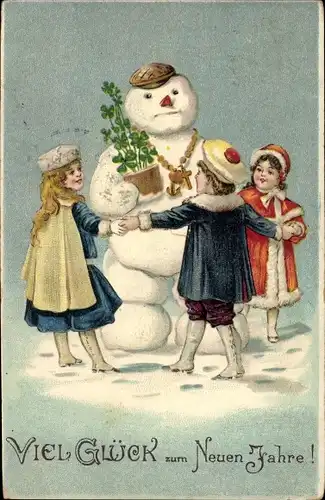Präge Ak Glückwunsch Neujahr, Kinder, Schneemann, Glücksklee