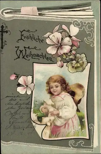 Präge Litho Glückwunsch Weihnachten, Mädchen, Blumen