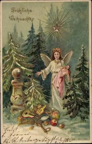 Präge Litho Glückwunsch Weihnachten, Engel, Tannenbäume, Geschenke