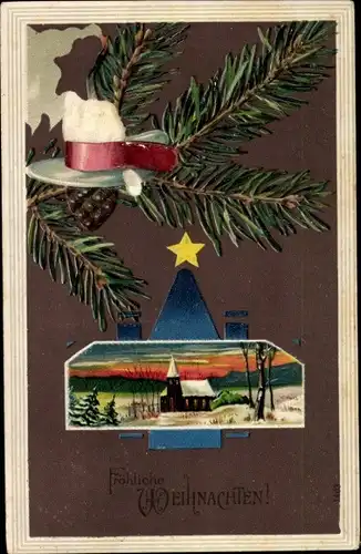 Präge Ak Glückwunsch Weihnachten, Tannenzweige, Kirche, Stern