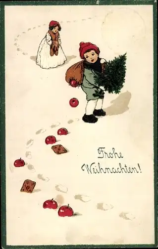 Präge Ak Glückwunsch Weihnachten, Kind, Sack mit Loch, Geschenke, Tannenbaum
