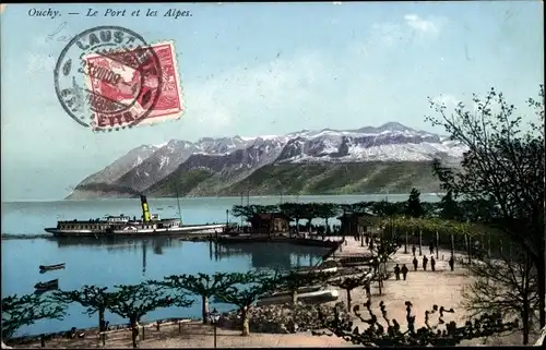 Ak Ouchy Lausanne Kanton Waadt, Hafen und Alpen