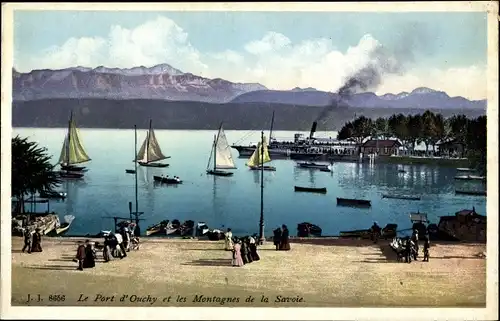 Ak Ouchy Lausanne Kanton Waadt, Hafen und die Savoie-Berge