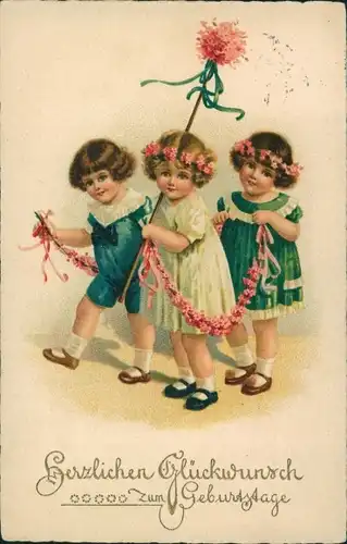 Ak Glückwunsch Geburtstag, Gratulanten, Kinder, Blumen