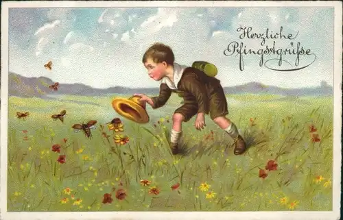 Ak Glückwunsch Pfingsten, Junge, Blumenwiese, Maikäfer