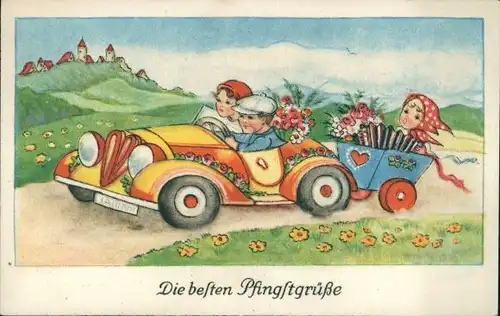 Ak Glückwunsch Pfingsten, Auto, Kinder, Blumen, Akkordeon