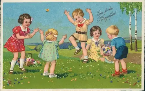 Ak Glückwunsch Pfingsten, Kinder auf der Wiese, Birken
