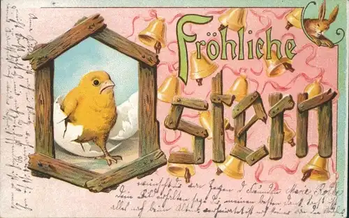 Ak Glückwunsch Ostern, Küken, Glocken, Hase