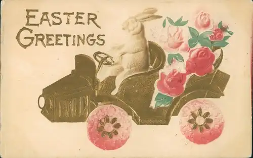 Präge Ak Glückwunsch Ostern, Osterhase, Wagen, Rosen
