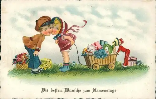 Ak Glückwunsch Namenstag, Kinder, Liebespaar, Geschenke, Blumen