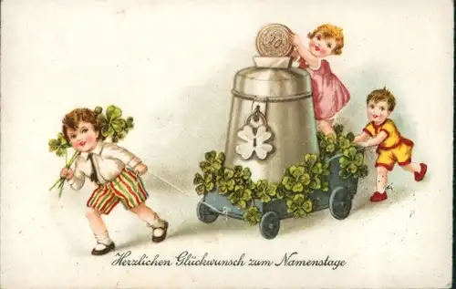 Ak Glückwunsch Namenstag, Kinder, Glücksklee, Sparbüchse