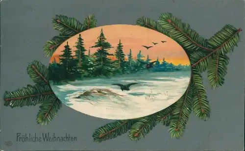Präge Ak Glückwunsch Weihnachten, Tannenzweige, Vögel, Wald