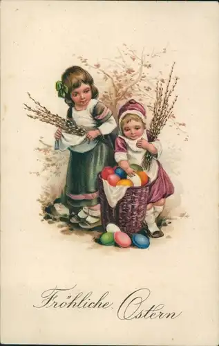 Ak Glückwunsch Ostern, Mädchen, Ostereier, Weidenkätzchen