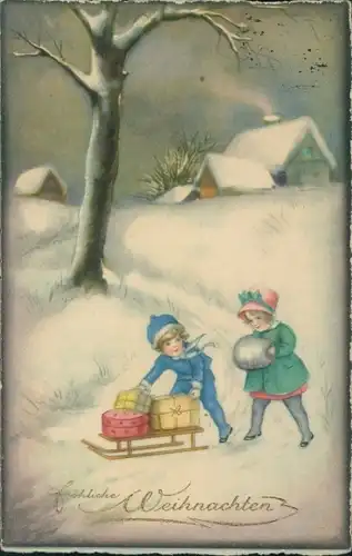 Ak Glückwunsch Weihnachten, Kinder, Schlitten, Geschenke