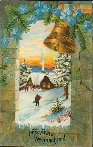 Präge Passepartout Ak Glückwunsch Weihnachten, Glocke, Tannenzweige, Vergissmeinnicht