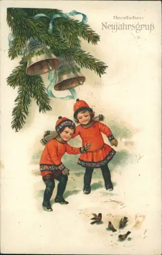 Ak Glückwunsch Neujahr, Kinder füttern Vögel, Tannenzweige, Glocken