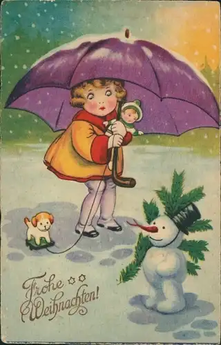 Ak Glückwunsch Weihnachten, Schneemann, Schirm, Mädchen, Puppe