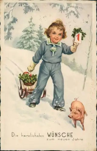 Ak Glückwunsch Neujahr, Kind, Kalender, Schlitten, Schwein, Glücksklee