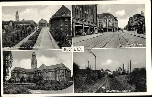 Ak Buer Gelsenkirchen im Ruhrgebiet, Am Stern, Schachtanlage Scholven, Rathaus, Oberlyzeum