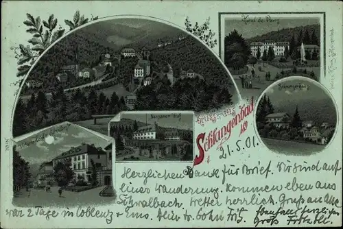 Mondschein Litho Schlangenbad im Taunus Hessen, Hotel de Paris, Nassauer Hof, Schweizerhaus