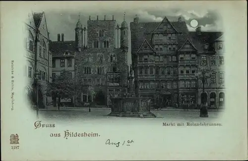 Mondschein Ak Hildesheim in Niedersachsen, Markt, Rolandsbrunnen