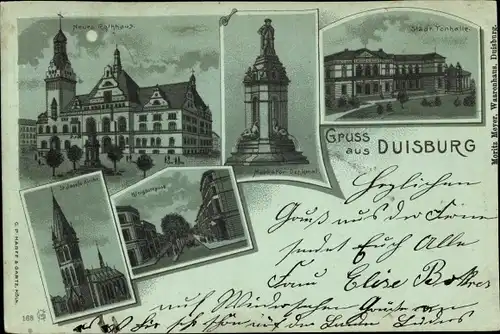 Mondschein Litho Duisburg, Neues Rathaus, Merkator Denkmal, St. Josefs-Kirche, Städt. Tonhalle