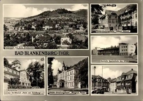 Ak Bad Blankenburg in Thüringen, Sportschule DTSB, Burg Greifenstein, Markt, FDGB Erholungsheim