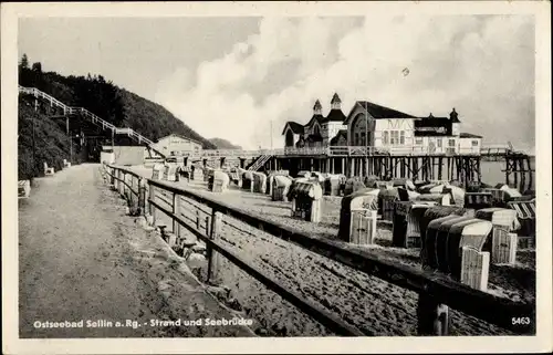 Ak Ostseebad Sellin auf Rügen, Strand, Seebrücke, Strandkörbe