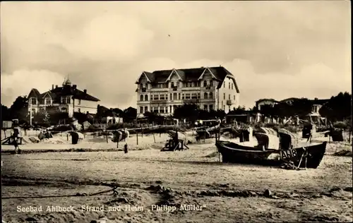 Ak Ostseebad Ahlbeck Heringsdorf auf Usedom, Strand, Heim Philipp Müller, Boot