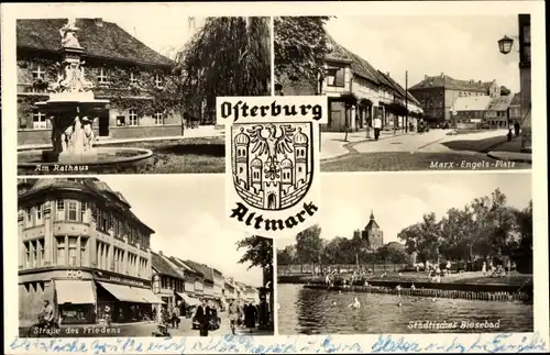 Ak Osterburg in der Altmark, Rathaus, Marx Engels Platz, Str. des Friedens, Städt. Biesebad, Wappen