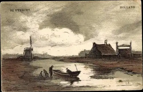 Künstler Ak Utrecht Niederlande, Boot, Windmühle, Haus