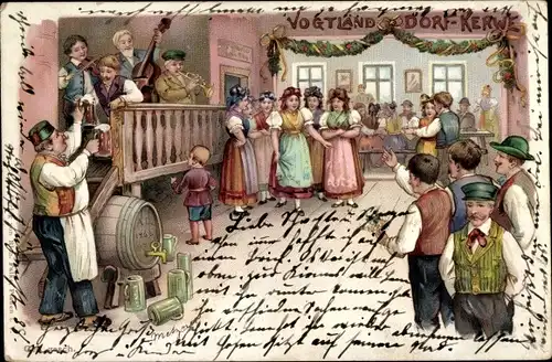 Künstler Litho Metzner, Vogtland, Dorf-Kerwe, Trachten