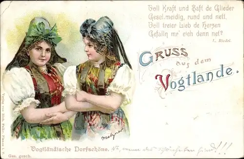 Litho Vogtländische Dorfschöne, Frauen in Volkstrachten