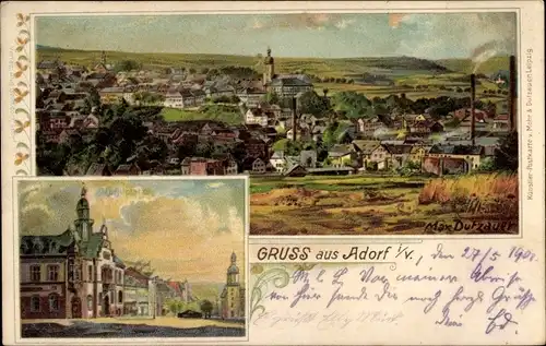 Künstler Litho Dutzauer, Max, Adorf im Vogtland, Gesamtansicht, Marktplatz