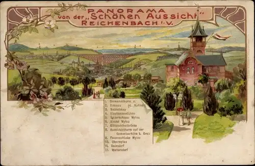 Litho Reichenbach im Vogtland, Panorama vom Ort, Kirche Mylau, Göltzschtalbrücke, Bismarckturm