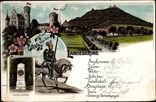 Litho Görlitz in der Lausitz, Landeskrone, Reiter, Ritter, Körner Denkmal