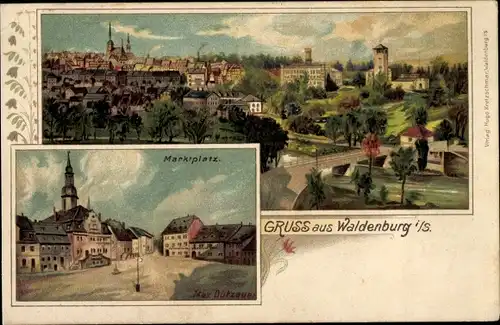 Künstler Litho Dutzauer, Max, Waldenburg in Sachsen, Totale, Marktplatz