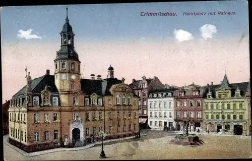 Ak Crimmitschau in Sachsen, Marktplatz mit Rathaus, Denkmal