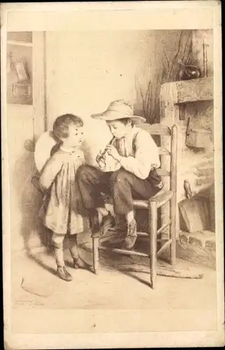 Foto Fotografie eines Gemäldes, Kinder, Flöte