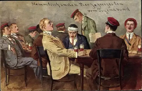 Studentika Künstler Ak Mühlberg, G., Studenten ein Verbindung sitzen zu Tisch und trinken Bier