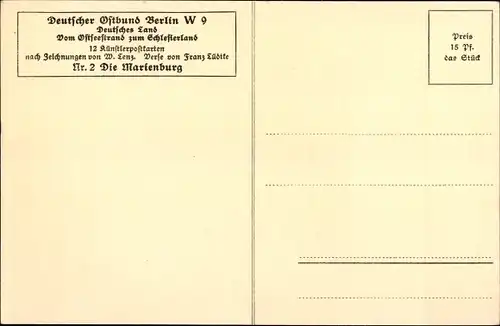 Künstler Ak Lenz, Marienburg Malbork Westpreußen, Marienburg, Gedicht Franz Lüdike