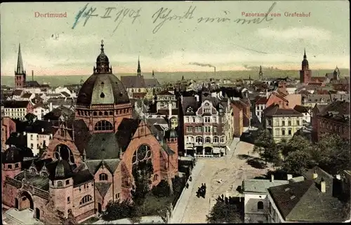 Judaika Ak Dortmund im Ruhrgebiet, Panorama vom Grafenhof, Kirche, Synagoge