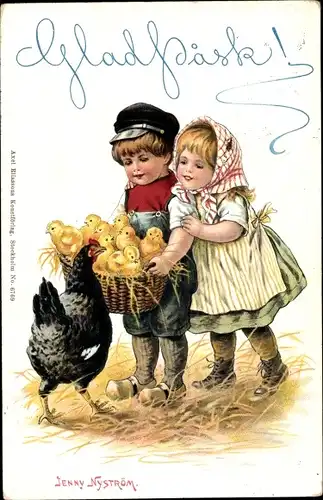 Künstler Ak Nyström, J., Glückwunsch Ostern, Kinder, Küken, Henne