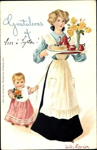 Künstler Ak Nyström, J., Dienstmädchen, Frühstück, Baby, Blumen