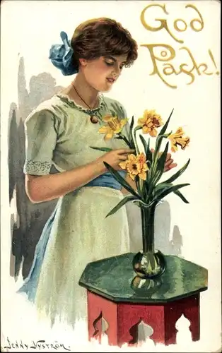 Künstler Ak Nyström, J., Glückwunsch Ostern, Frau, Narzissen in der Blumenvase