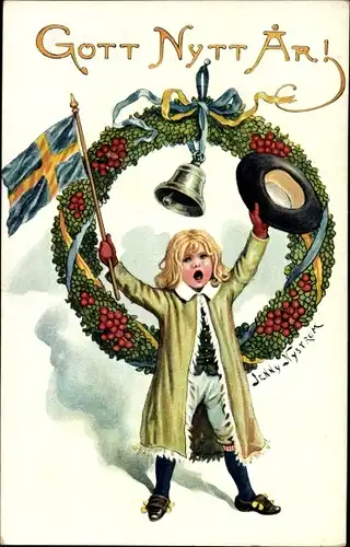 Künstler Ak Nyström, J., Glückwunsch Neujahr, Kind, Schwedische Fahne, Glocke, Blumenkranz