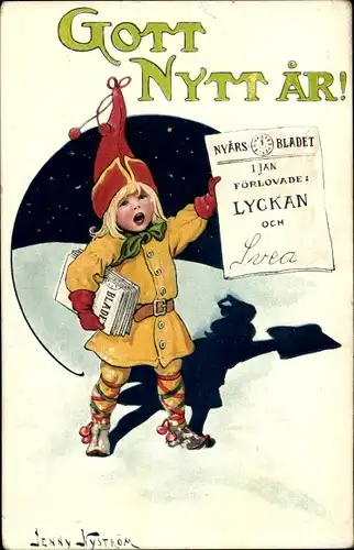 Künstler Ak Nyström, J., Glückwunsch Neujahr, Zeitungsverkäufer, Kind, Rote Mütze