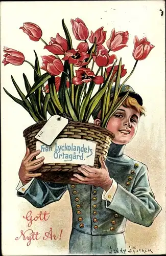 Künstler Ak Nyström, J., Glückwunsch Neujahr, Postbote, Tulpen, Korb