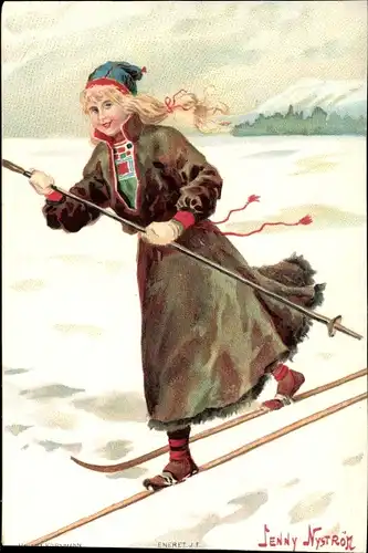 Künstler Litho Nyström, J., Mädchen fährt Ski, Skifahrt